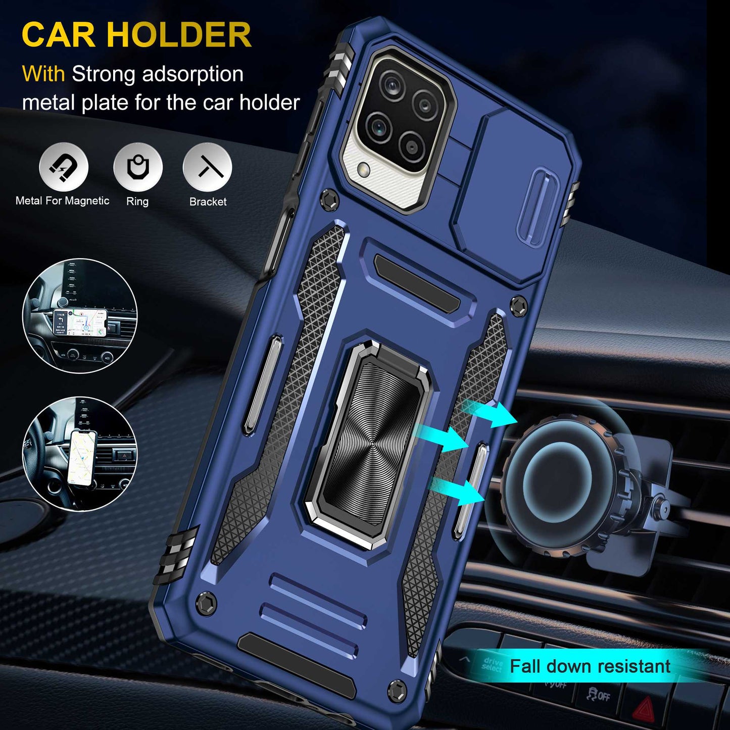 For Samsung Galaxy A12 / F12 / M12 Armor Series Hybrid Hard PC Soft TPU Shockproof Case Ring Car Mount Kickstand Back Shell with Camera Cover