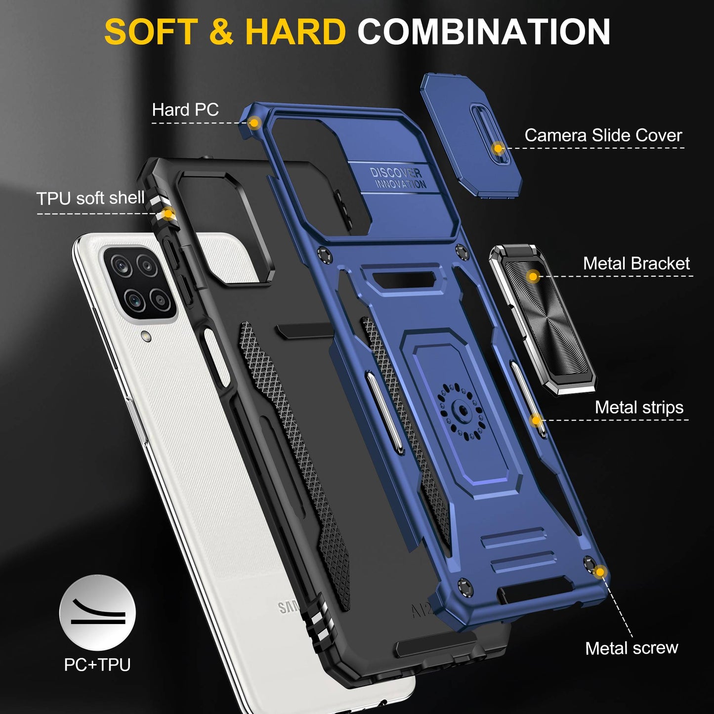For Samsung Galaxy A12 / F12 / M12 Armor Series Hybrid Hard PC Soft TPU Shockproof Case Ring Car Mount Kickstand Back Shell with Camera Cover