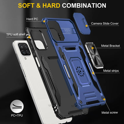 For Samsung Galaxy A12 / F12 / M12 Armor Series Hybrid Hard PC Soft TPU Shockproof Case Ring Car Mount Kickstand Back Shell with Camera Cover