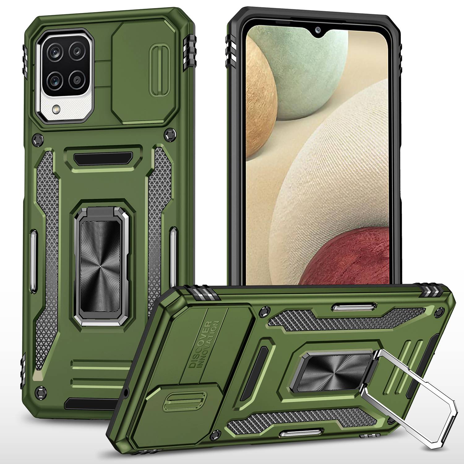 For Samsung Galaxy A12 / F12 / M12 Armor Series Hybrid Hard PC Soft TPU Shockproof Case Ring Car Mount Kickstand Back Shell with Camera Cover