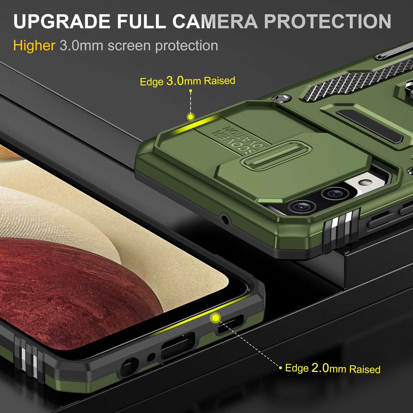 For Samsung Galaxy A12 / F12 / M12 Armor Series Hybrid Hard PC Soft TPU Shockproof Case Ring Car Mount Kickstand Back Shell with Camera Cover