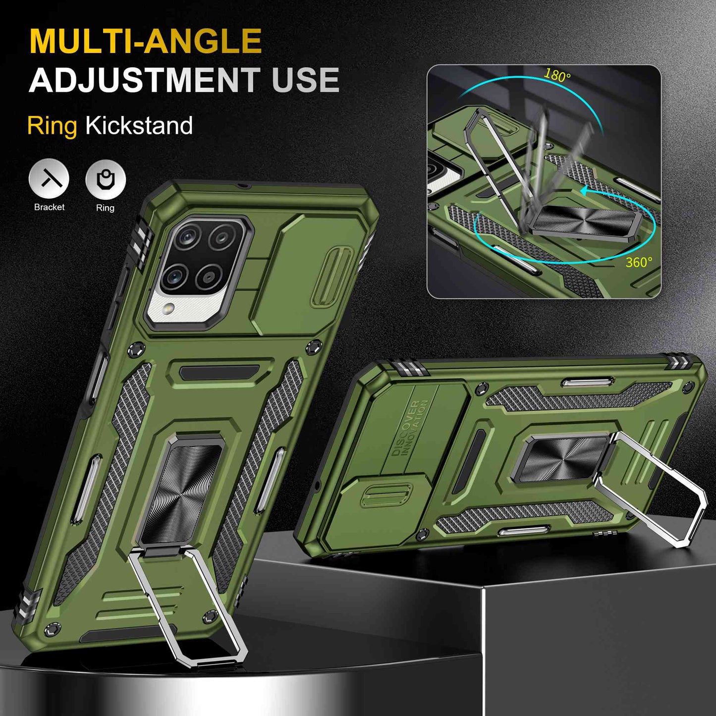 For Samsung Galaxy A12 / F12 / M12 Armor Series Hybrid Hard PC Soft TPU Shockproof Case Ring Car Mount Kickstand Back Shell with Camera Cover