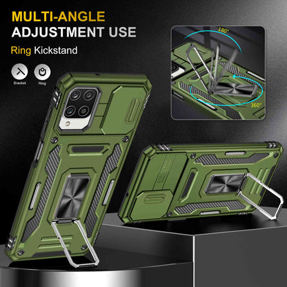 For Samsung Galaxy A12 / F12 / M12 Armor Series Hybrid Hard PC Soft TPU Shockproof Case Ring Car Mount Kickstand Back Shell with Camera Cover