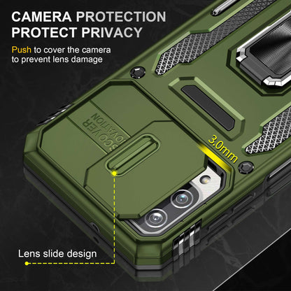 For Samsung Galaxy A12 / F12 / M12 Armor Series Hybrid Hard PC Soft TPU Shockproof Case Ring Car Mount Kickstand Back Shell with Camera Cover