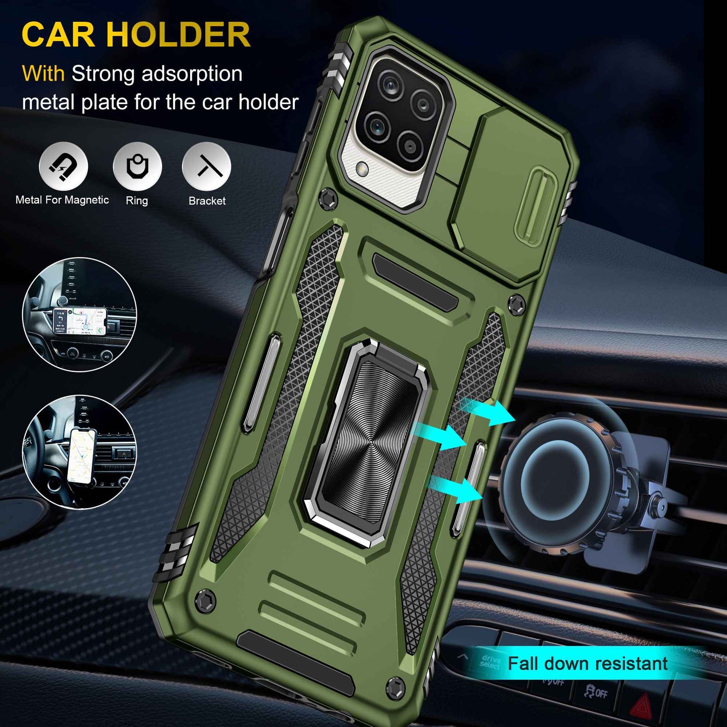 For Samsung Galaxy A12 / F12 / M12 Armor Series Hybrid Hard PC Soft TPU Shockproof Case Ring Car Mount Kickstand Back Shell with Camera Cover