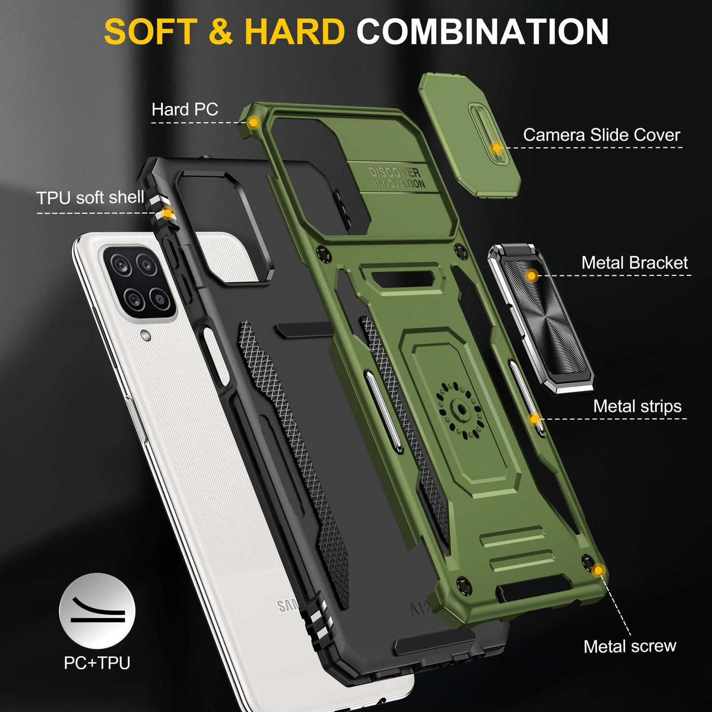 For Samsung Galaxy A12 / F12 / M12 Armor Series Hybrid Hard PC Soft TPU Shockproof Case Ring Car Mount Kickstand Back Shell with Camera Cover