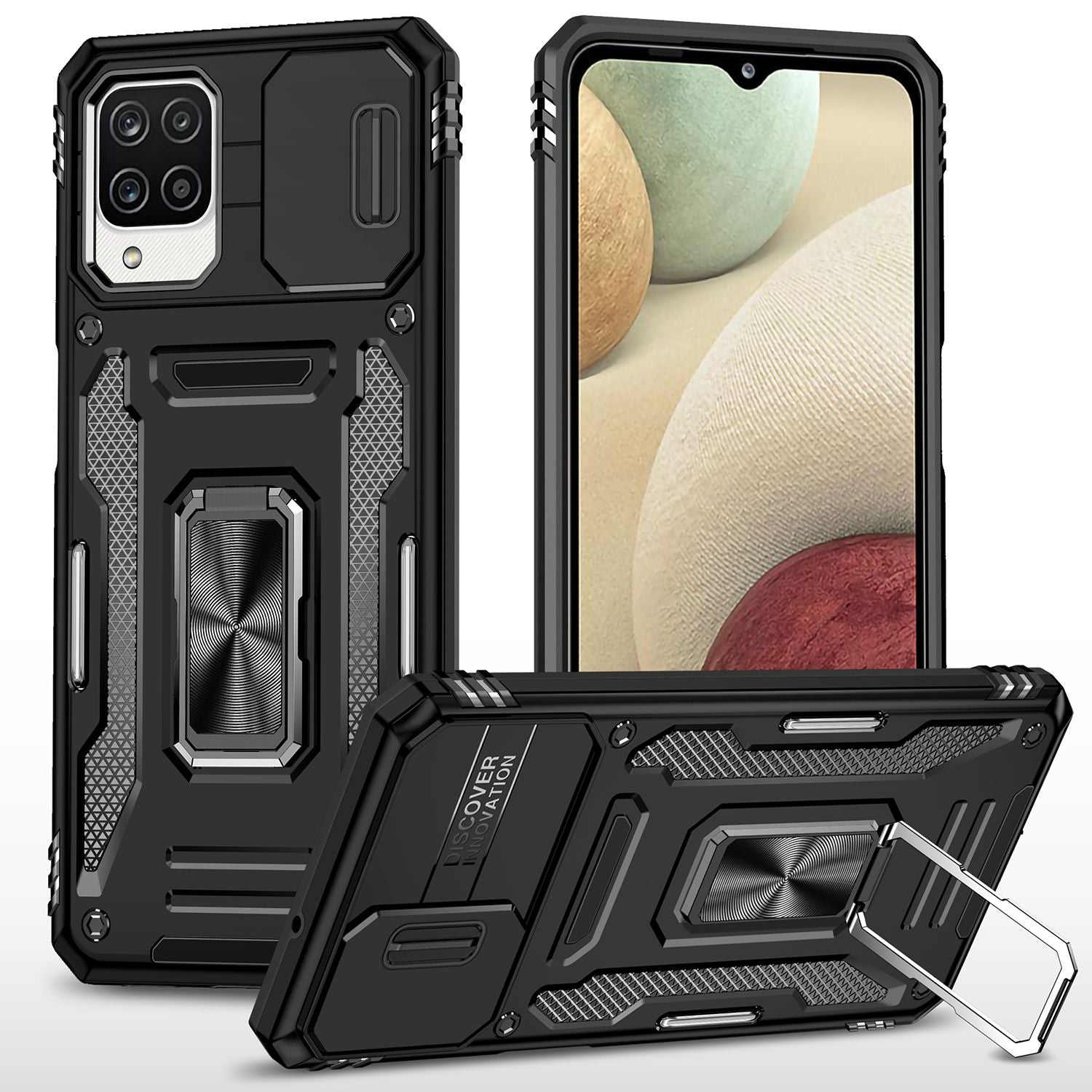 For Samsung Galaxy A12 / F12 / M12 Armor Series Hybrid Hard PC Soft TPU Shockproof Case Ring Car Mount Kickstand Back Shell with Camera Cover
