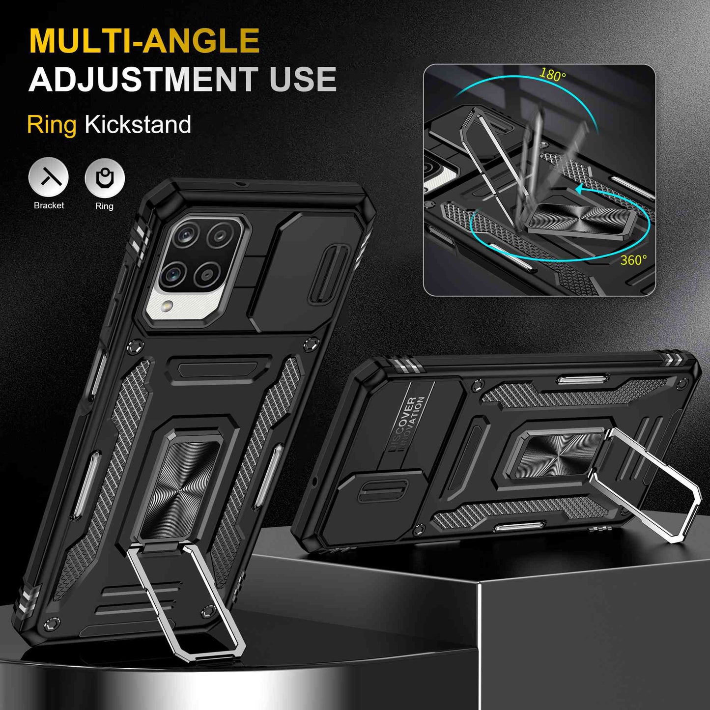 For Samsung Galaxy A12 / F12 / M12 Armor Series Hybrid Hard PC Soft TPU Shockproof Case Ring Car Mount Kickstand Back Shell with Camera Cover