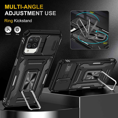 For Samsung Galaxy A12 / F12 / M12 Armor Series Hybrid Hard PC Soft TPU Shockproof Case Ring Car Mount Kickstand Back Shell with Camera Cover