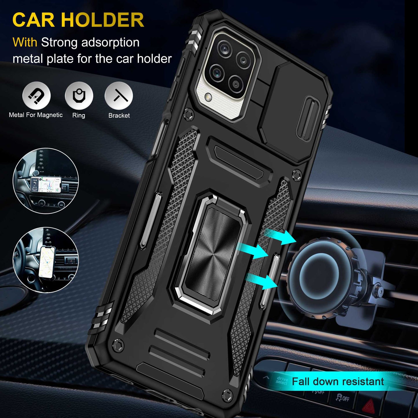 For Samsung Galaxy A12 / F12 / M12 Armor Series Hybrid Hard PC Soft TPU Shockproof Case Ring Car Mount Kickstand Back Shell with Camera Cover