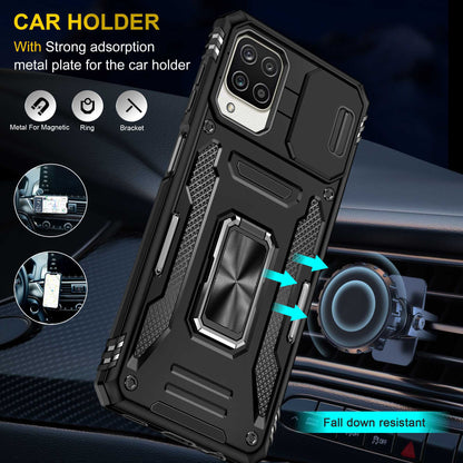 For Samsung Galaxy A12 / F12 / M12 Armor Series Hybrid Hard PC Soft TPU Shockproof Case Ring Car Mount Kickstand Back Shell with Camera Cover