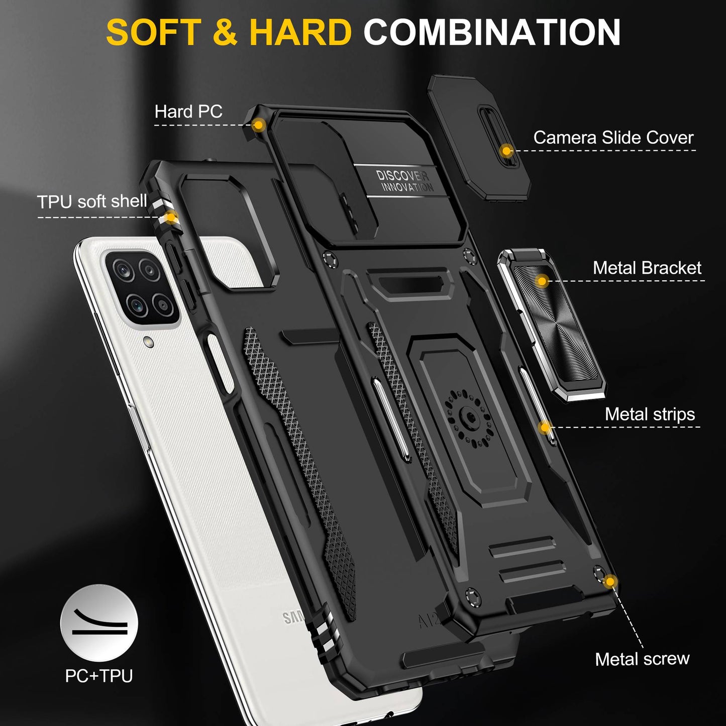 For Samsung Galaxy A12 / F12 / M12 Armor Series Hybrid Hard PC Soft TPU Shockproof Case Ring Car Mount Kickstand Back Shell with Camera Cover