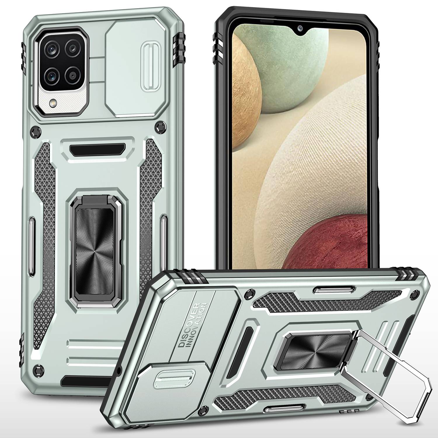 For Samsung Galaxy A12 / F12 / M12 Armor Series Hybrid Hard PC Soft TPU Shockproof Case Ring Car Mount Kickstand Back Shell with Camera Cover