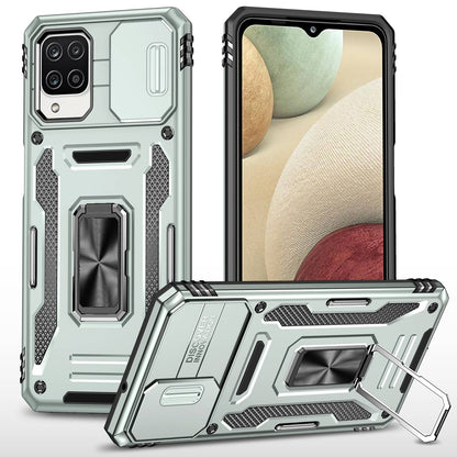 For Samsung Galaxy A12 / F12 / M12 Armor Series Hybrid Hard PC Soft TPU Shockproof Case Ring Car Mount Kickstand Back Shell with Camera Cover