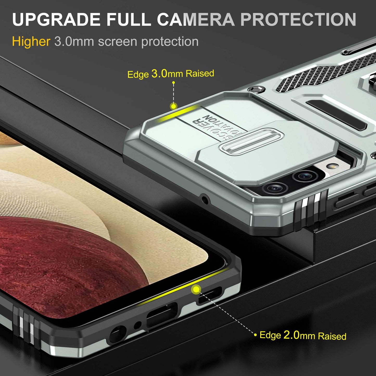 For Samsung Galaxy A12 / F12 / M12 Armor Series Hybrid Hard PC Soft TPU Shockproof Case Ring Car Mount Kickstand Back Shell with Camera Cover