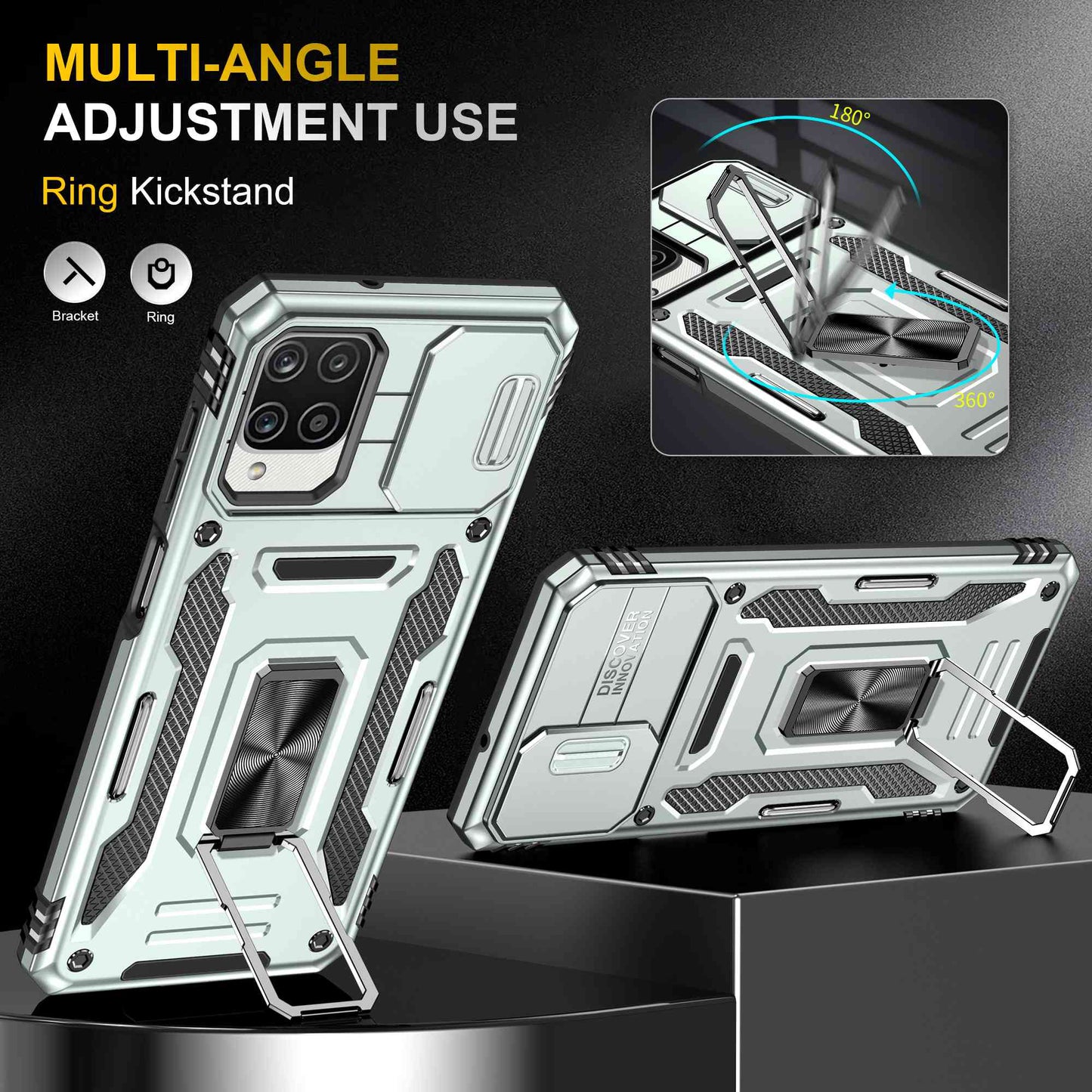 For Samsung Galaxy A12 / F12 / M12 Armor Series Hybrid Hard PC Soft TPU Shockproof Case Ring Car Mount Kickstand Back Shell with Camera Cover