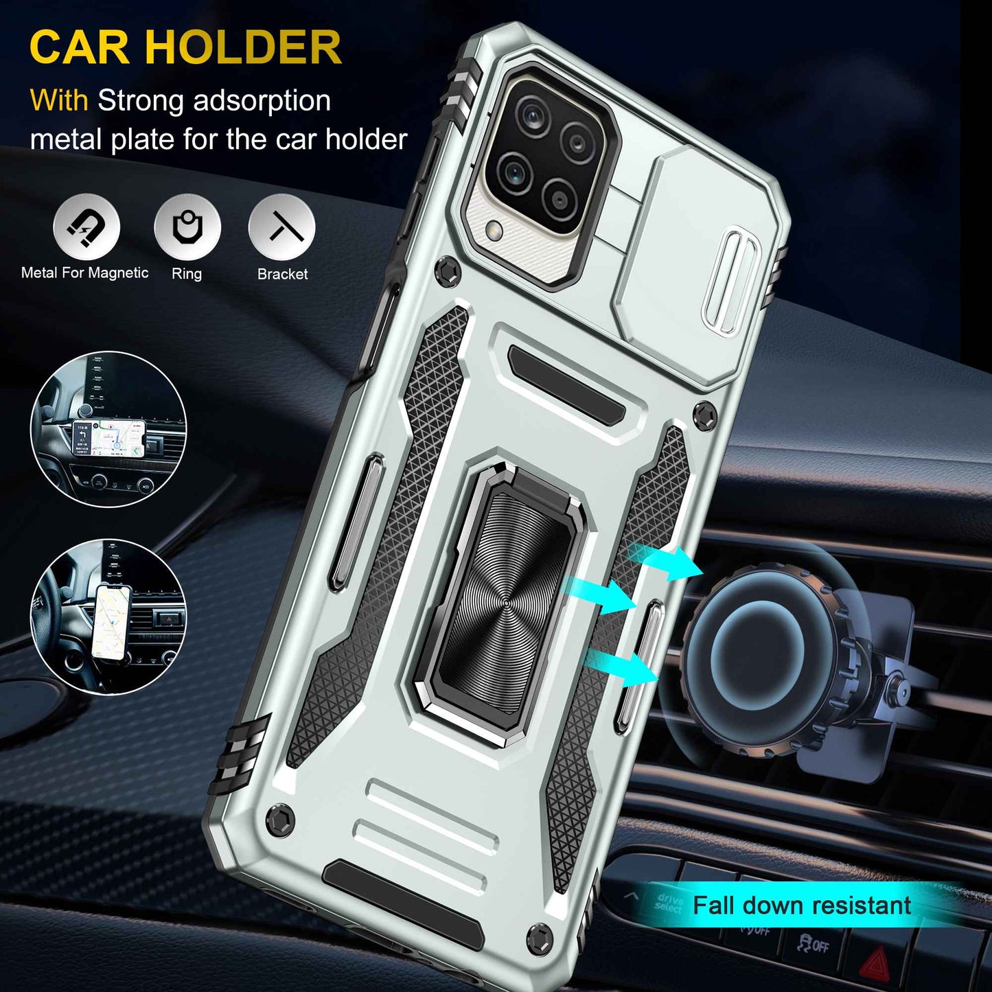 For Samsung Galaxy A12 / F12 / M12 Armor Series Hybrid Hard PC Soft TPU Shockproof Case Ring Car Mount Kickstand Back Shell with Camera Cover