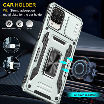 For Samsung Galaxy A12 / F12 / M12 Armor Series Hybrid Hard PC Soft TPU Shockproof Case Ring Car Mount Kickstand Back Shell with Camera Cover