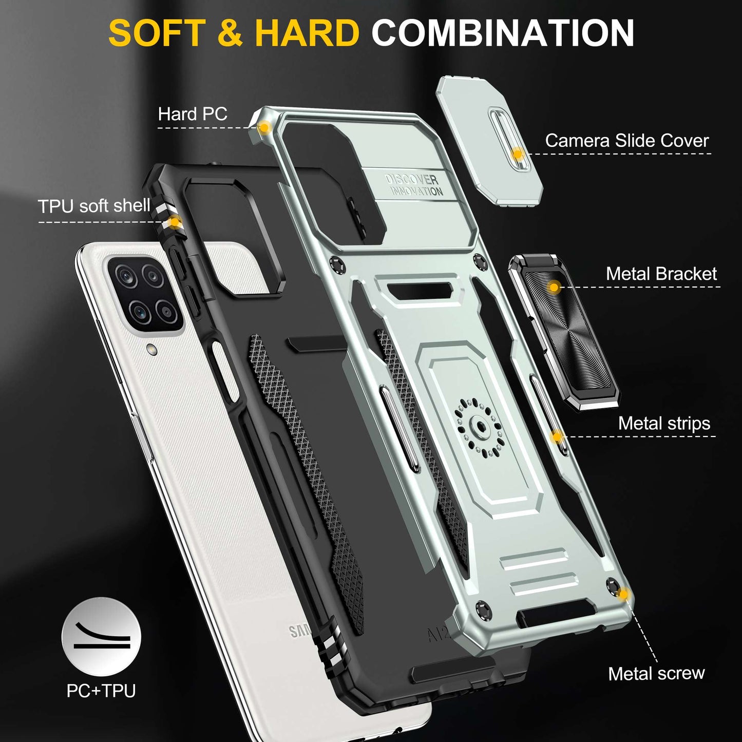 For Samsung Galaxy A12 / F12 / M12 Armor Series Hybrid Hard PC Soft TPU Shockproof Case Ring Car Mount Kickstand Back Shell with Camera Cover