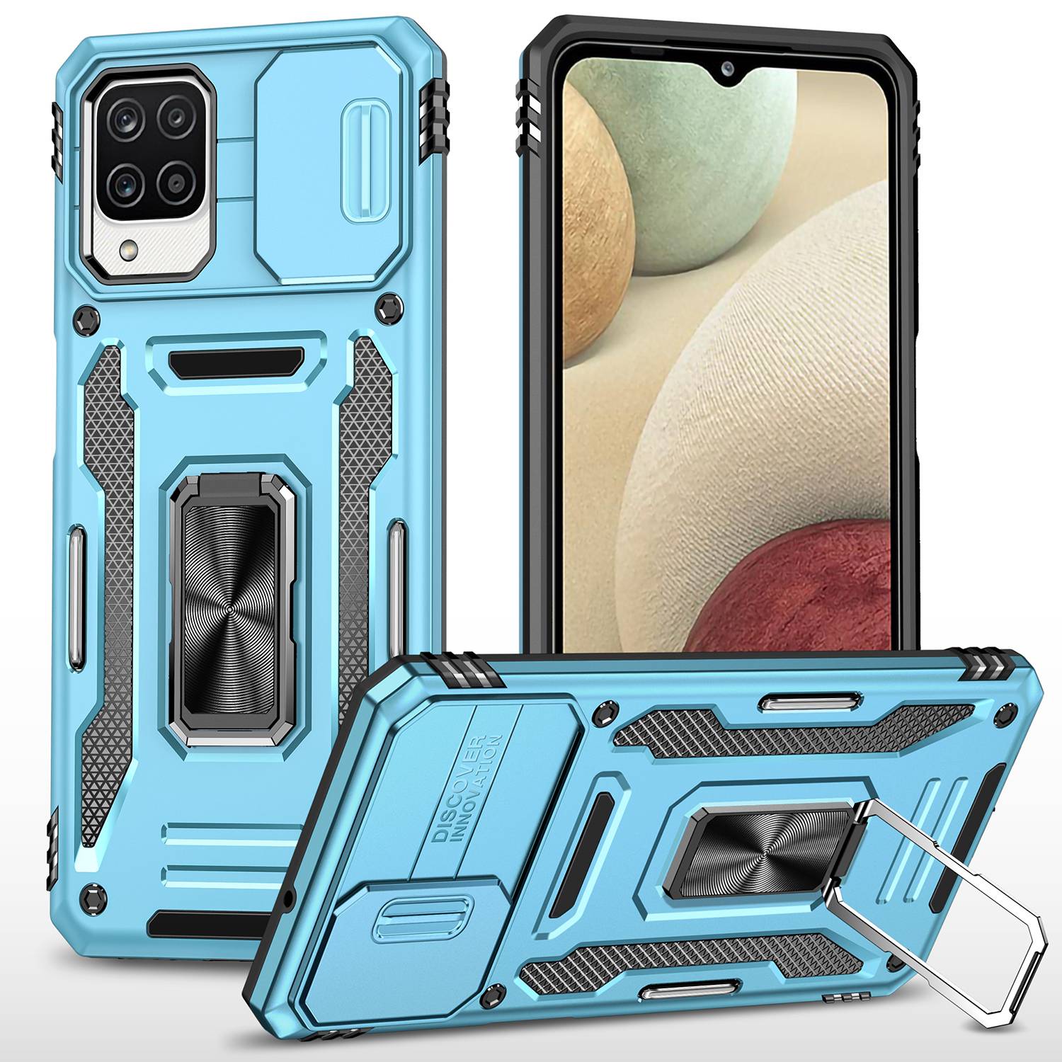 For Samsung Galaxy A12 / F12 / M12 Armor Series Hybrid Hard PC Soft TPU Shockproof Case Ring Car Mount Kickstand Back Shell with Camera Cover