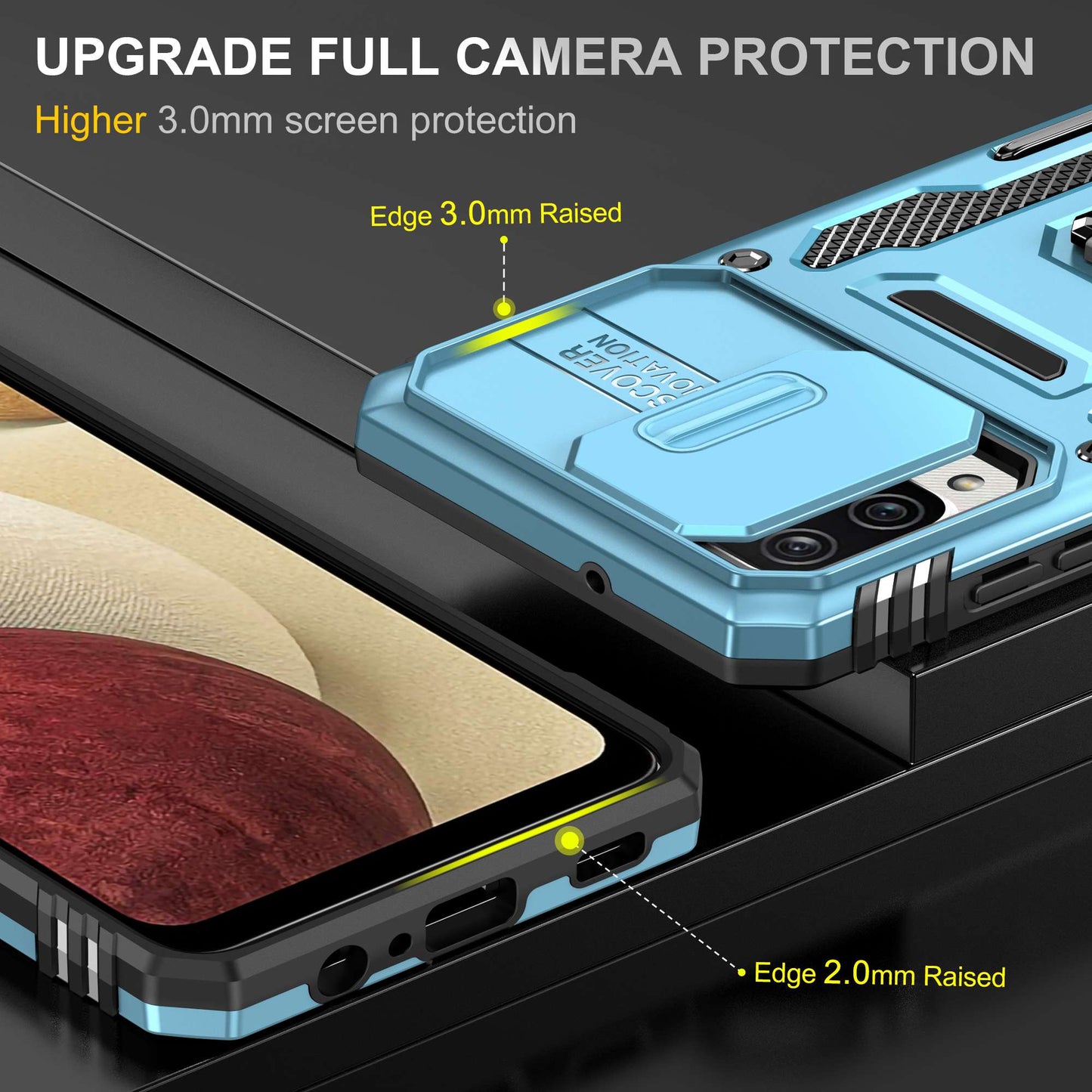 For Samsung Galaxy A12 / F12 / M12 Armor Series Hybrid Hard PC Soft TPU Shockproof Case Ring Car Mount Kickstand Back Shell with Camera Cover