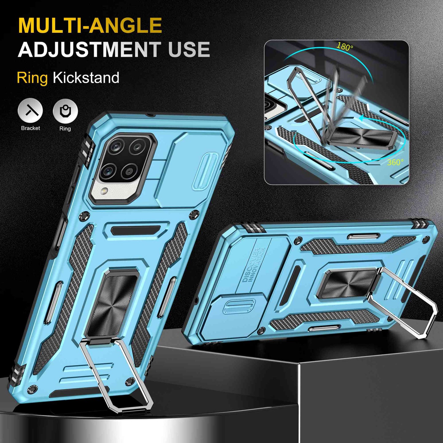 For Samsung Galaxy A12 / F12 / M12 Armor Series Hybrid Hard PC Soft TPU Shockproof Case Ring Car Mount Kickstand Back Shell with Camera Cover