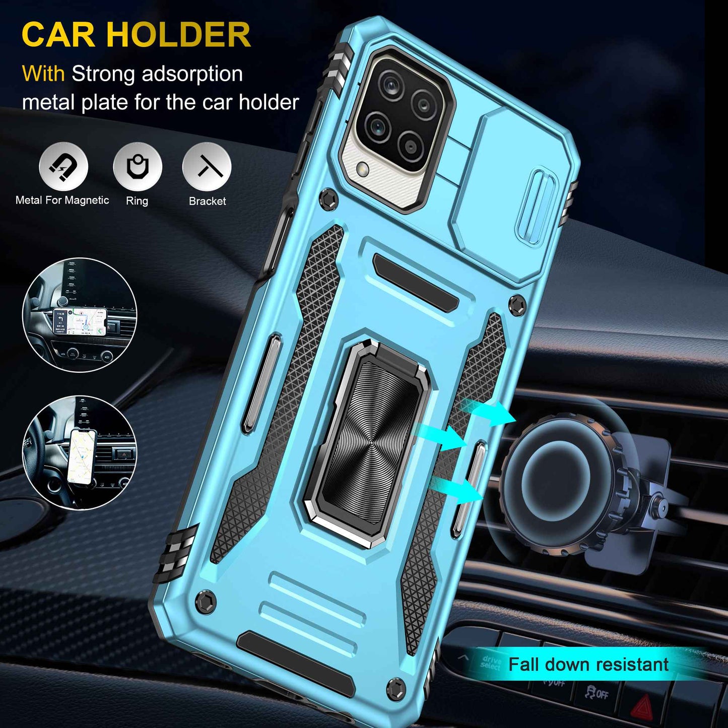 For Samsung Galaxy A12 / F12 / M12 Armor Series Hybrid Hard PC Soft TPU Shockproof Case Ring Car Mount Kickstand Back Shell with Camera Cover