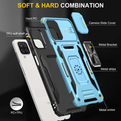 For Samsung Galaxy A12 / F12 / M12 Armor Series Hybrid Hard PC Soft TPU Shockproof Case Ring Car Mount Kickstand Back Shell with Camera Cover