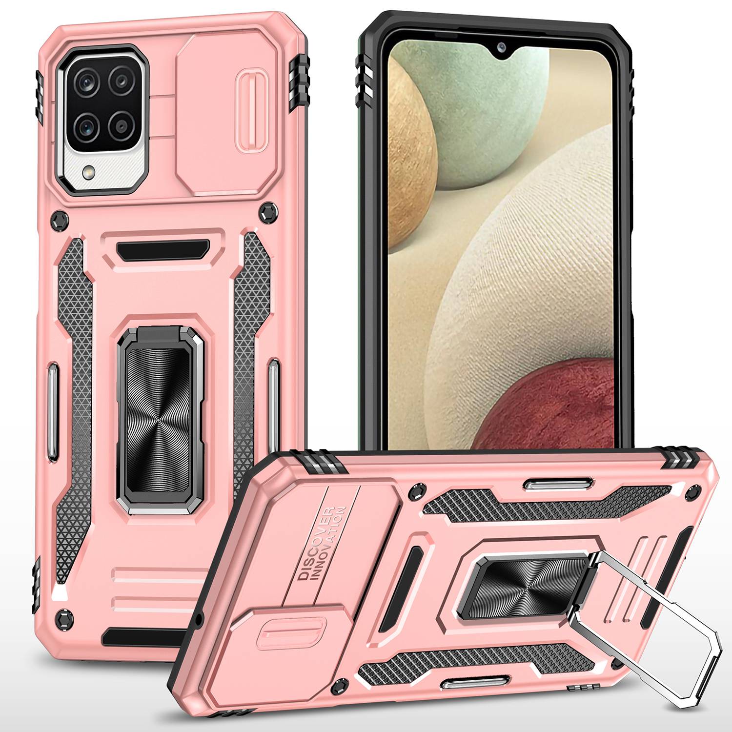 For Samsung Galaxy A12 / F12 / M12 Armor Series Hybrid Hard PC Soft TPU Shockproof Case Ring Car Mount Kickstand Back Shell with Camera Cover