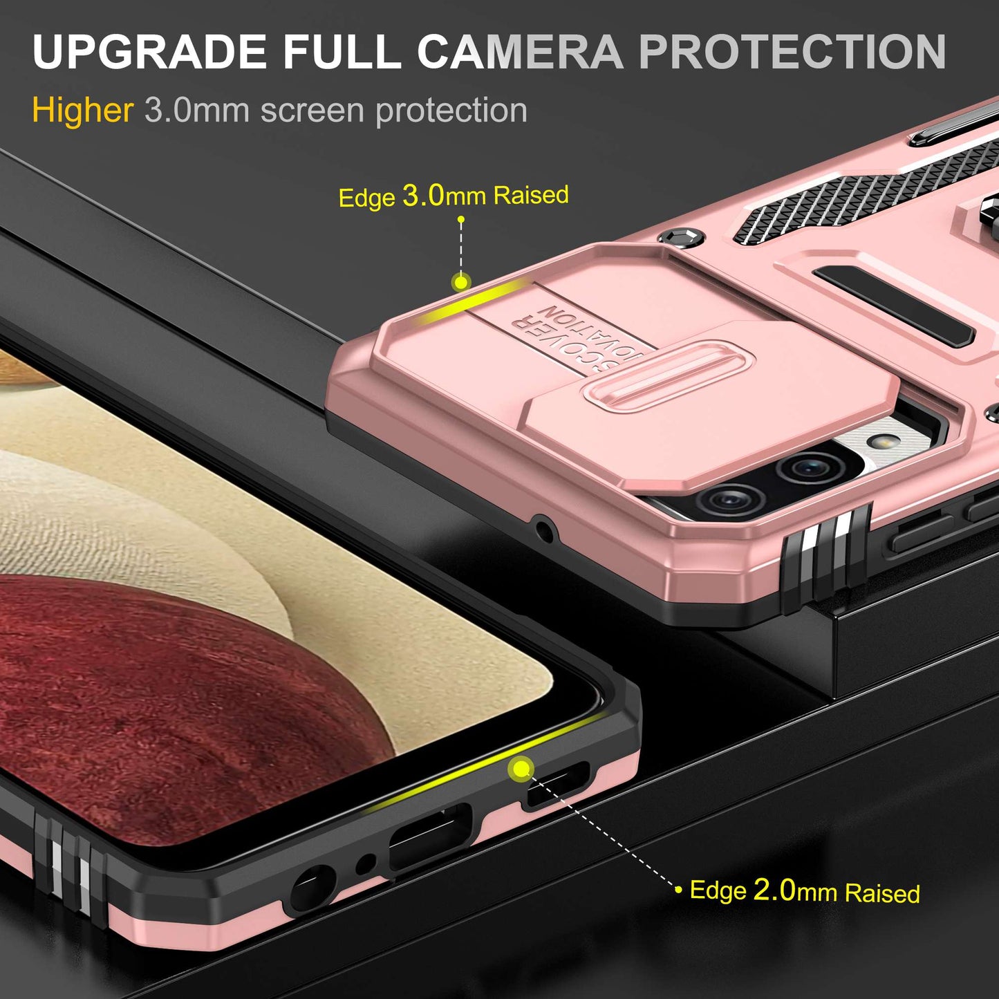 For Samsung Galaxy A12 / F12 / M12 Armor Series Hybrid Hard PC Soft TPU Shockproof Case Ring Car Mount Kickstand Back Shell with Camera Cover