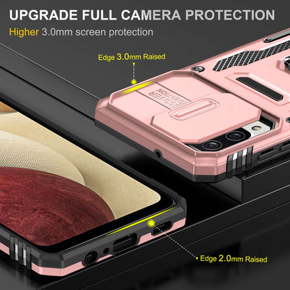 For Samsung Galaxy A12 / F12 / M12 Armor Series Hybrid Hard PC Soft TPU Shockproof Case Ring Car Mount Kickstand Back Shell with Camera Cover