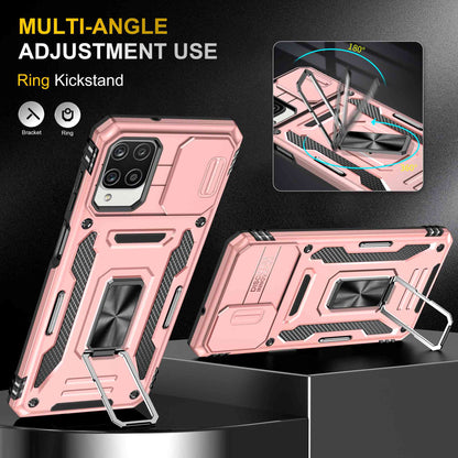 For Samsung Galaxy A12 / F12 / M12 Armor Series Hybrid Hard PC Soft TPU Shockproof Case Ring Car Mount Kickstand Back Shell with Camera Cover