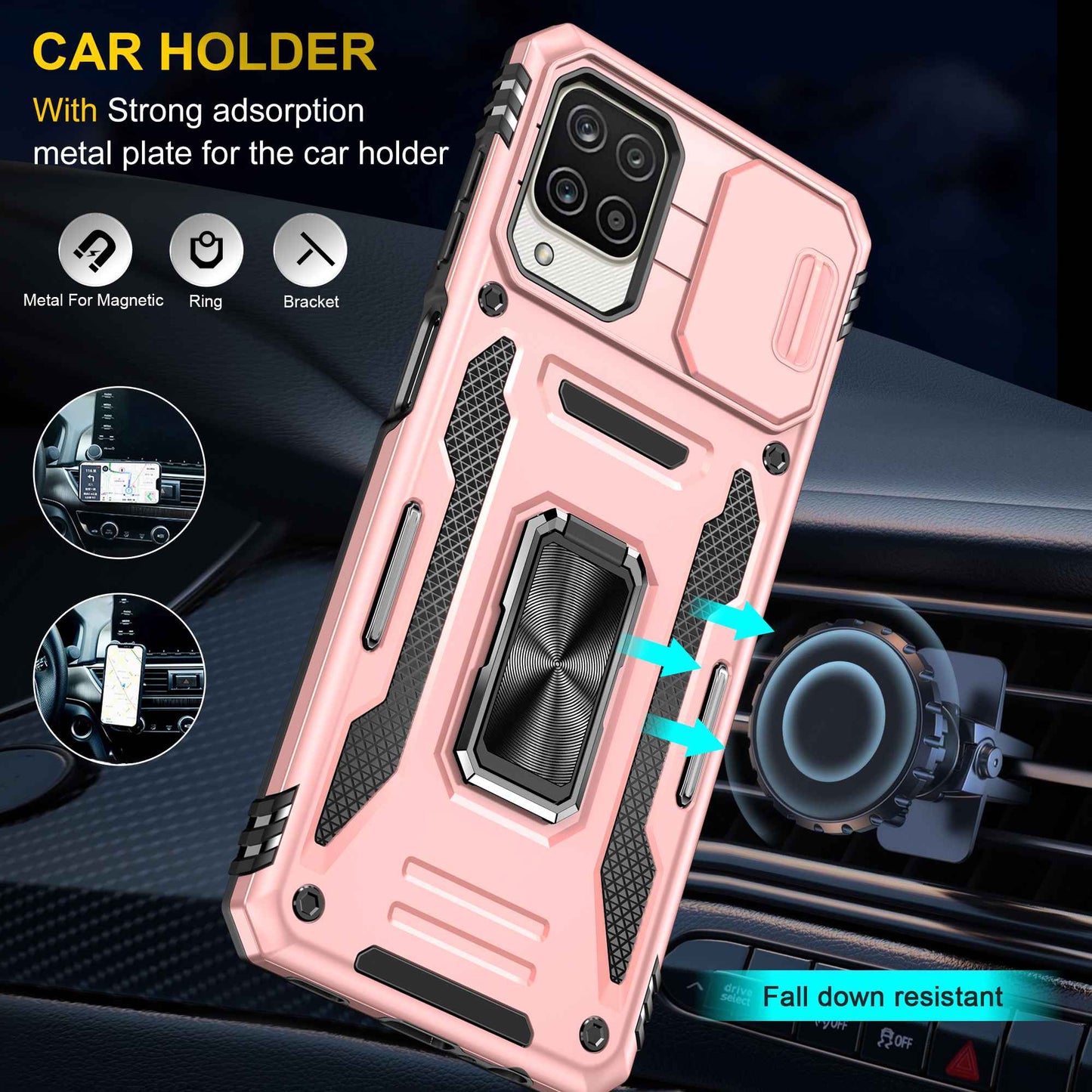 For Samsung Galaxy A12 / F12 / M12 Armor Series Hybrid Hard PC Soft TPU Shockproof Case Ring Car Mount Kickstand Back Shell with Camera Cover