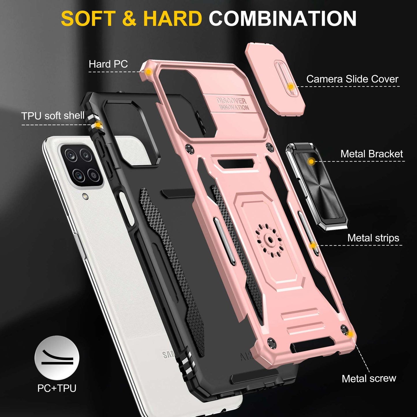 For Samsung Galaxy A12 / F12 / M12 Armor Series Hybrid Hard PC Soft TPU Shockproof Case Ring Car Mount Kickstand Back Shell with Camera Cover