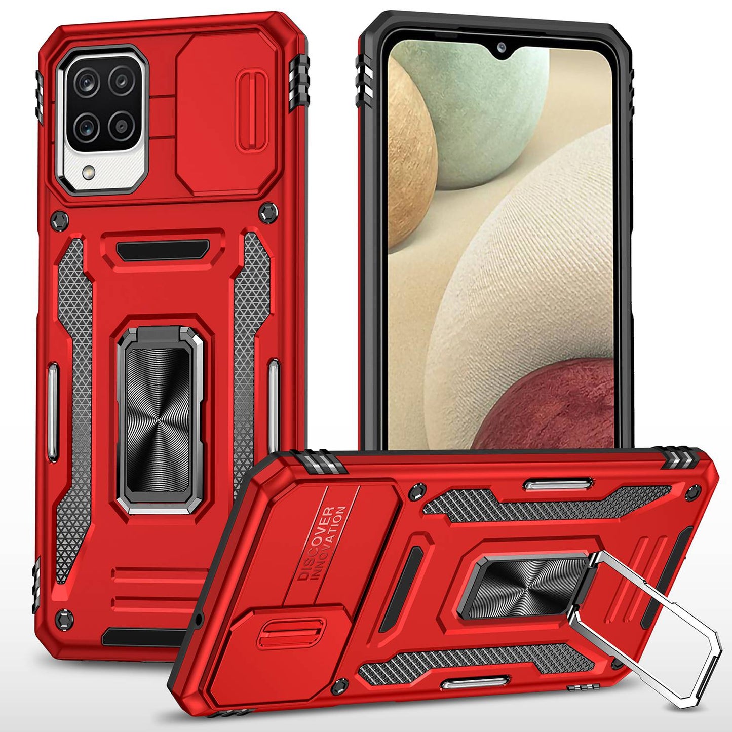 For Samsung Galaxy A12 / F12 / M12 Armor Series Hybrid Hard PC Soft TPU Shockproof Case Ring Car Mount Kickstand Back Shell with Camera Cover