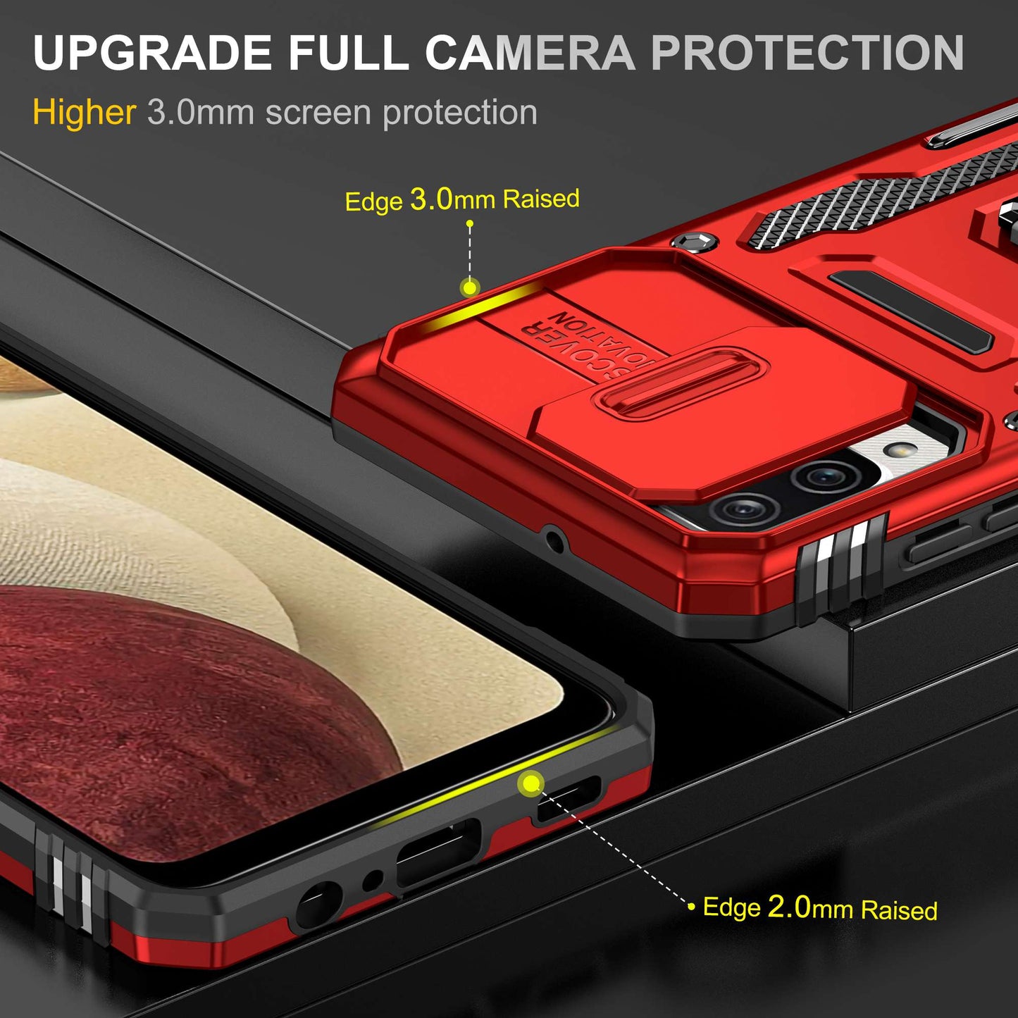For Samsung Galaxy A12 / F12 / M12 Armor Series Hybrid Hard PC Soft TPU Shockproof Case Ring Car Mount Kickstand Back Shell with Camera Cover