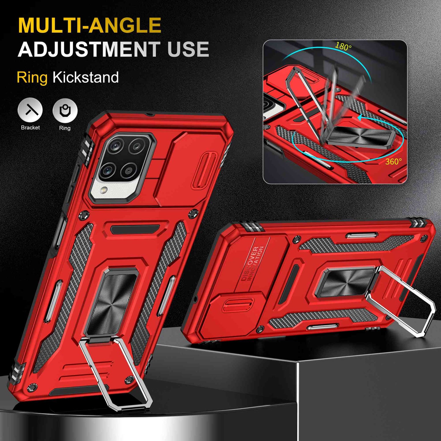 For Samsung Galaxy A12 / F12 / M12 Armor Series Hybrid Hard PC Soft TPU Shockproof Case Ring Car Mount Kickstand Back Shell with Camera Cover