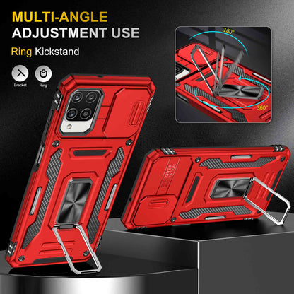 For Samsung Galaxy A12 / F12 / M12 Armor Series Hybrid Hard PC Soft TPU Shockproof Case Ring Car Mount Kickstand Back Shell with Camera Cover