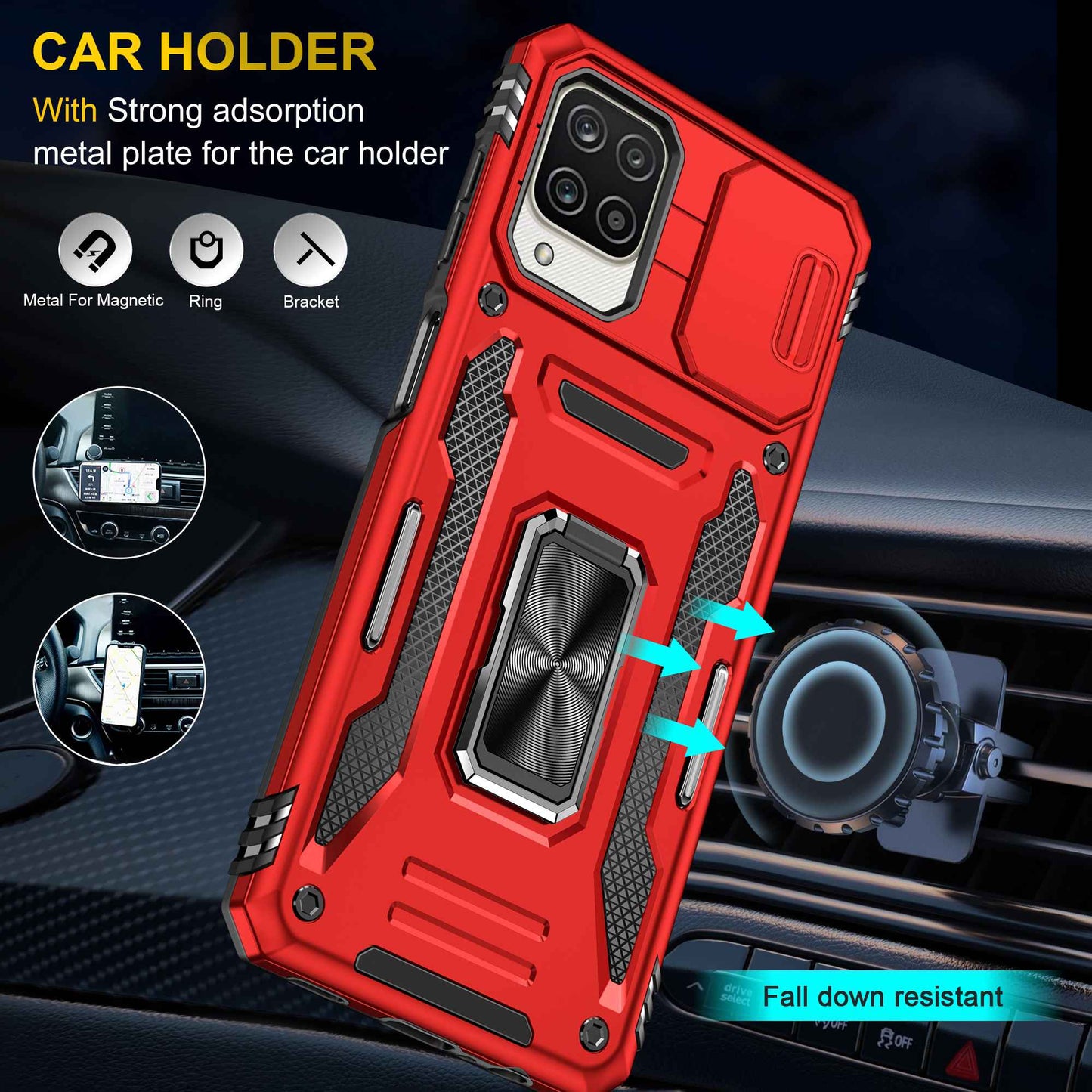 For Samsung Galaxy A12 / F12 / M12 Armor Series Hybrid Hard PC Soft TPU Shockproof Case Ring Car Mount Kickstand Back Shell with Camera Cover