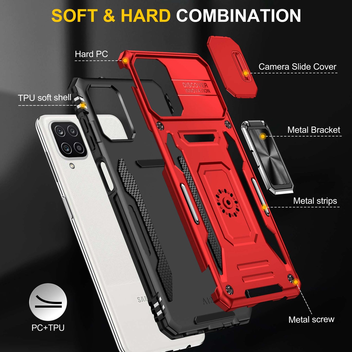 For Samsung Galaxy A12 / F12 / M12 Armor Series Hybrid Hard PC Soft TPU Shockproof Case Ring Car Mount Kickstand Back Shell with Camera Cover