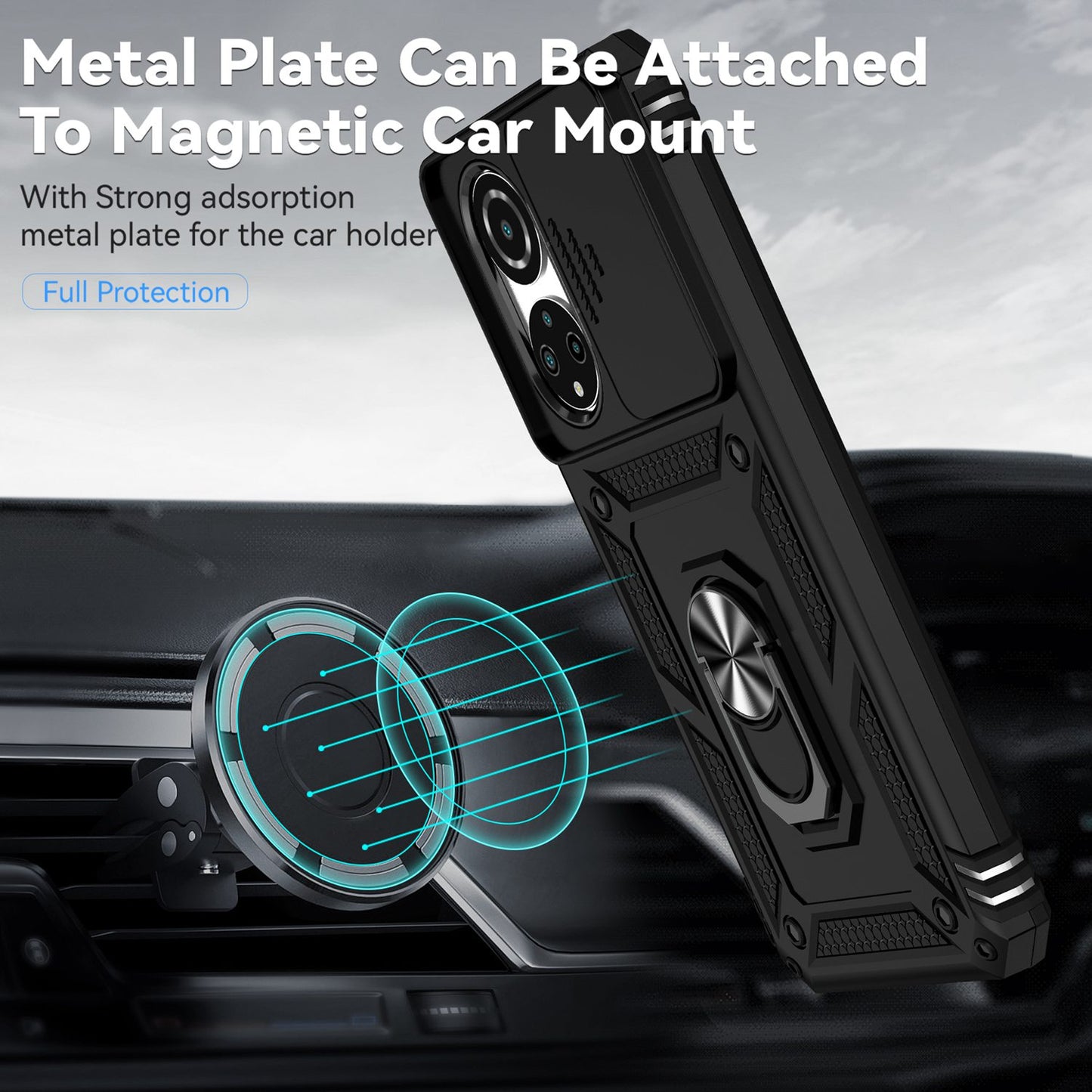 For Honor X7 4G Hard PC + Soft TPU Phone Case with Metal Ring Kickstand and Slide Camera Protector