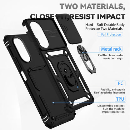 For Honor X7 4G Hard PC + Soft TPU Phone Case with Metal Ring Kickstand and Slide Camera Protector