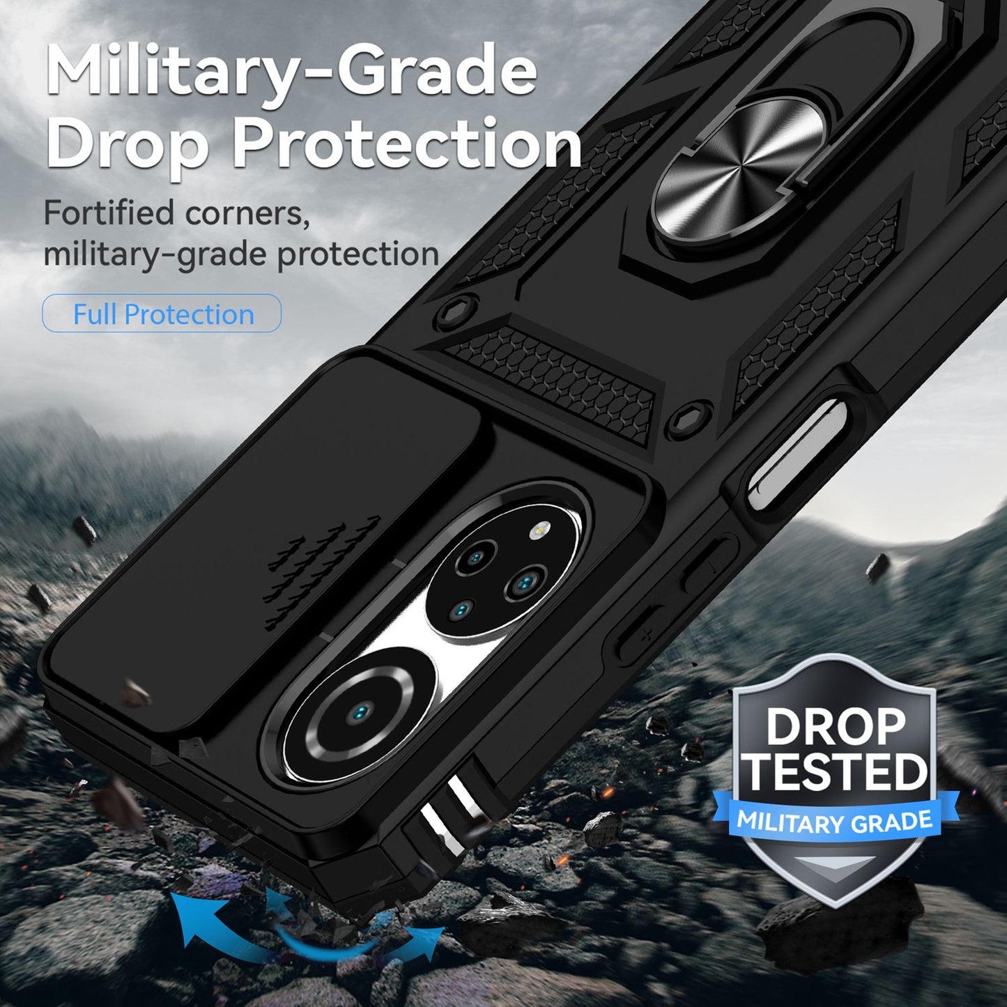 For Honor X7 4G Hard PC + Soft TPU Phone Case with Metal Ring Kickstand and Slide Camera Protector
