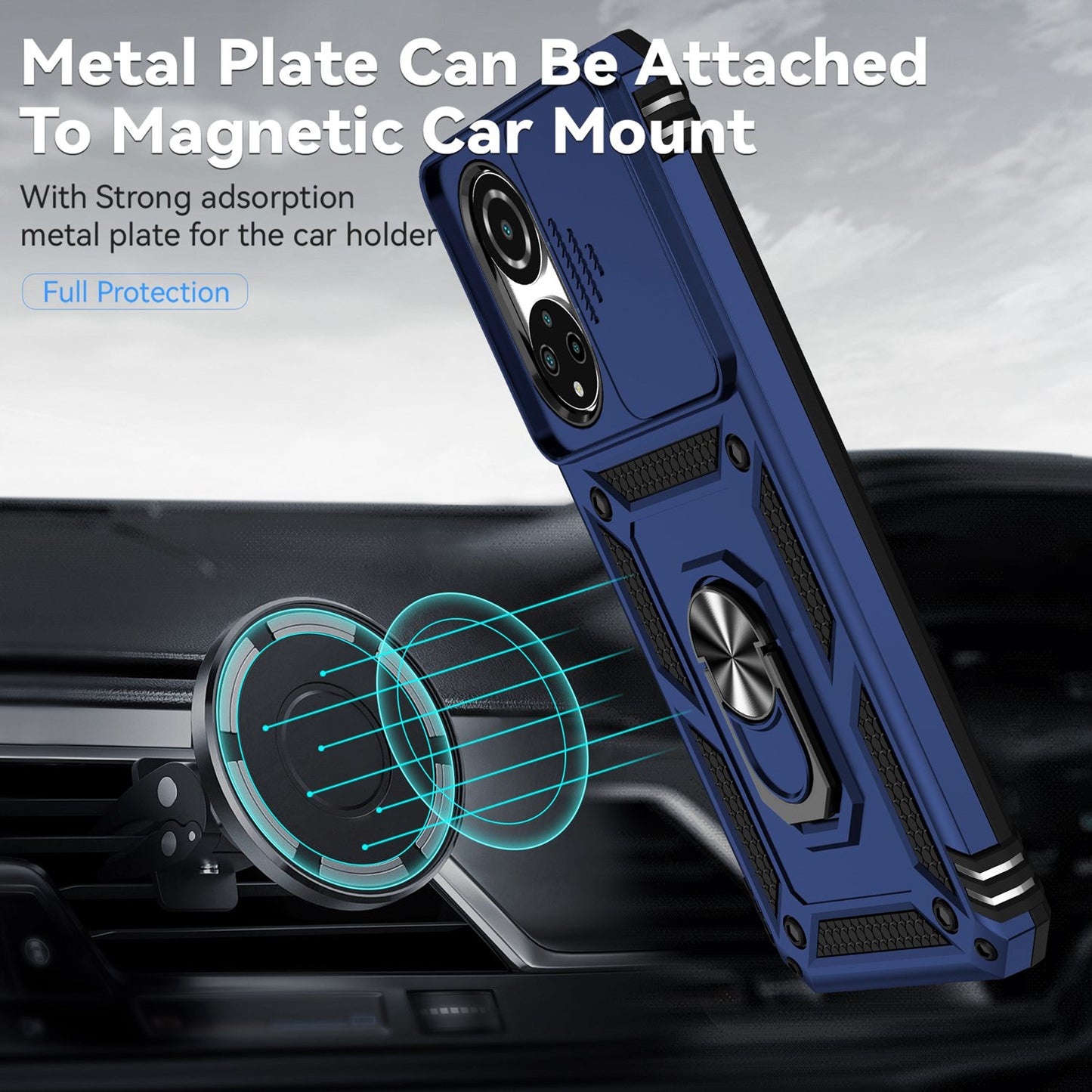 For Honor X7 4G Hard PC + Soft TPU Phone Case with Metal Ring Kickstand and Slide Camera Protector