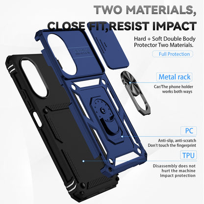 For Honor X7 4G Hard PC + Soft TPU Phone Case with Metal Ring Kickstand and Slide Camera Protector