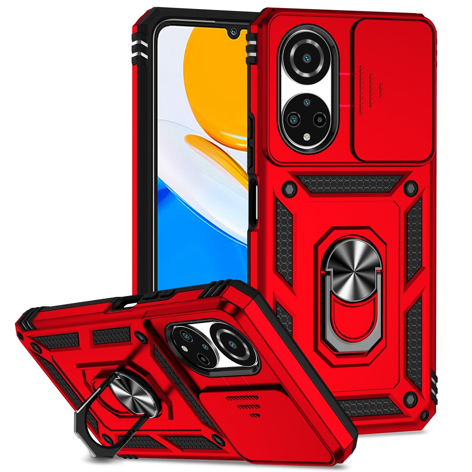 For Honor X7 4G Hard PC + Soft TPU Phone Case with Metal Ring Kickstand and Slide Camera Protector