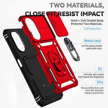 For Honor X7 4G Hard PC + Soft TPU Phone Case with Metal Ring Kickstand and Slide Camera Protector