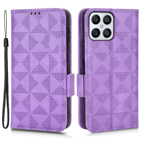 For Honor X8 5G Triangle Pattern Imprinted Flip Stand Wallet Leather Phone Case Shockproof Cover with Strap