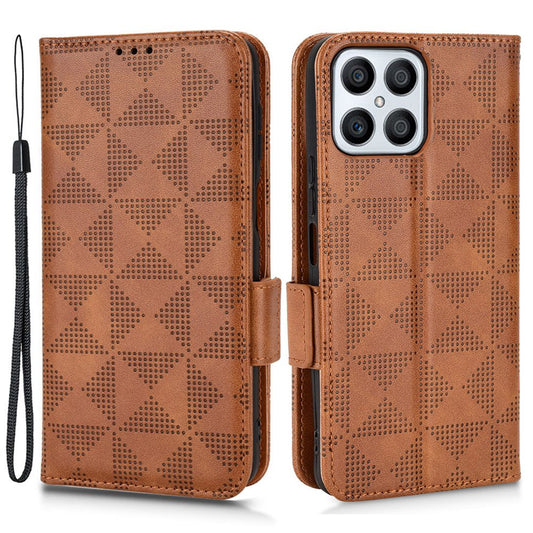 For Honor X8 5G Triangle Pattern Imprinted Flip Stand Wallet Leather Phone Case Shockproof Cover with Strap