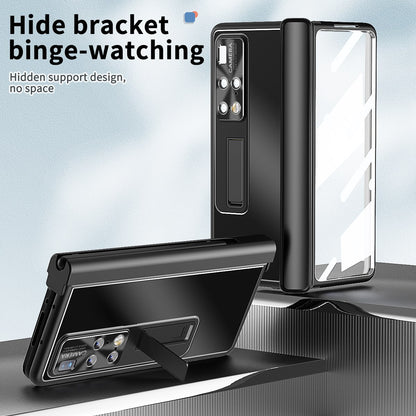 For Huawei Mate X2 Lens Protection Hinge + Stylus Pen Design PC+Aluminum Alloy Anti-fall Kickstand Phone Case with Tempered Glass Screen Film